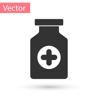 Gri İlaç şişesi simgesi beyaz arka planda izole edilmiş. Şişe hapı işareti. Eczane tasarımı. Vektör İllüstrasyonu