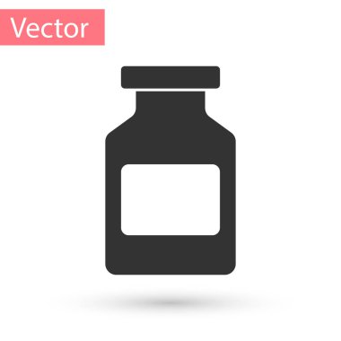 Gri İlaç şişesi simgesi beyaz arka planda izole edilmiş. Şişe hapı işareti. Eczane tasarımı. Vektör İllüstrasyonu