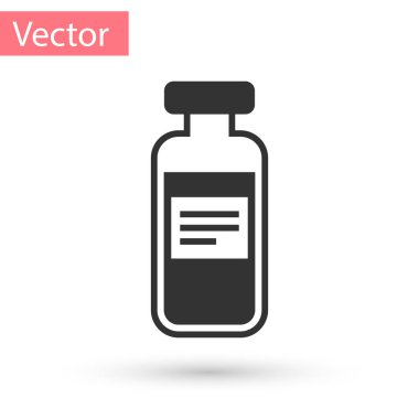 Gri tıbbi şişe, ampül, beyaz arka plan üzerinde izole şişe simgesi. Aşı, enjeksiyon, aşı sağlık kavramı. Vektör çizim