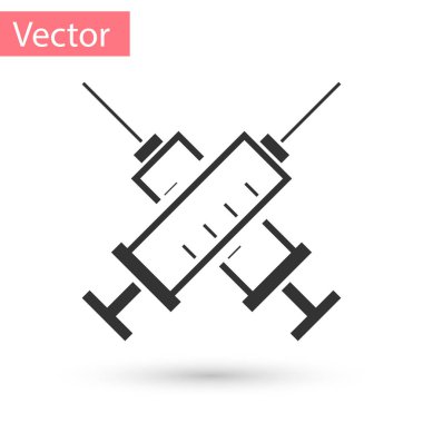 Beyaz arka plan üzerinde izole şırınga simgesi gri geçti. Şırınga aşı, aşı, enjeksiyon, grip aşısı için. Tıbbi malzeme. Vektör çizim