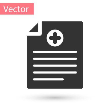 Gri tıbbi pano ile klinik kayıt simgesi beyaz arka plan üzerinde izole. Sağlık sigorta formu. Reçete, sağlık kontrolünden rapor işaretler. Vektör çizim