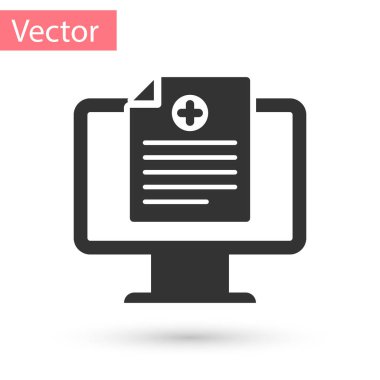 Beyaz arka plan üzerinde izole monitör simgesini gri tıbbi klinik kayıt. Sağlık sigorta formu. Reçete, sağlık kontrolünden rapor işaretler. Vektör çizim