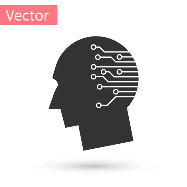 Grey Cervello umano come icona del circuito digitale isolato su sfondo bianco. Intelligenza Artificiale. Schema della testa umana con linee di circuito all'interno. Illustrazione vettoriale — Vettoriale Stock