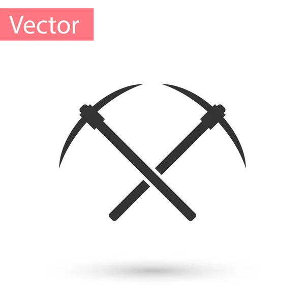 Gris Cruzado pickaxe icono aislado sobre fondo blanco. Tecnología de cadena de bloques, minería criptomoneda, bitcoin, altcoins, mercado de dinero digital. Ilustración vectorial — Vector de stock