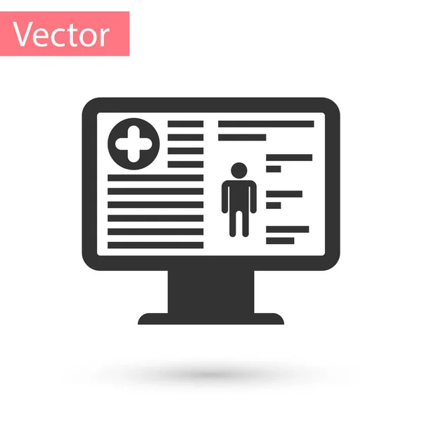 Graue Krankenakte auf Monitor-Symbol auf weißem Hintergrund. Krankenversicherungsformular. Verschreibungspflichtig, berichten medizinische Prüfzeichen. Vektorillustration — Stockvektor