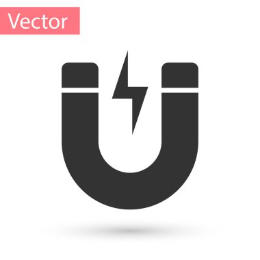 Beyaz arka plan üzerinde izole yıldırım ikonuna ile gri mıknatıs. At nalı mıknatıs, manyetizma, manyetize cazibe işareti. Vektör çizim