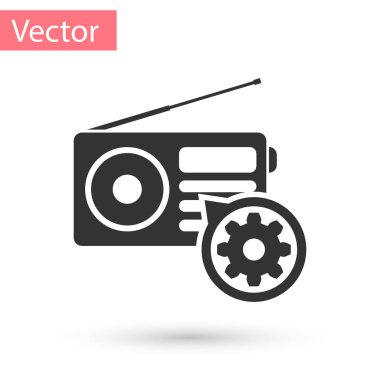 Grey radyo anten ve dişli simgesi beyaz arka plan üzerinde izole olan. Ayarlama app, hizmet anlayışı, ayar seçenekleri, bakım, onarım, tamir. Vektör çizim