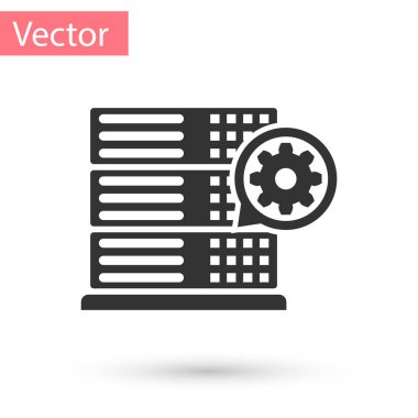 Beyaz arka plan üzerinde izole gri sunucu ve dişli simgesini tıklatın. Ayarlama app, hizmet anlayışı, ayar seçenekleri, bakım, onarım, tamir. Vektör çizim
