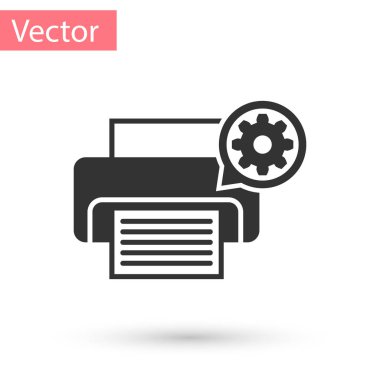 Beyaz arka plan üzerinde izole gri yazıcı ve dişli simgesini tıklatın. Ayarlama app, hizmet anlayışı, ayar seçenekleri, bakım, onarım, tamir. Vektör çizim
