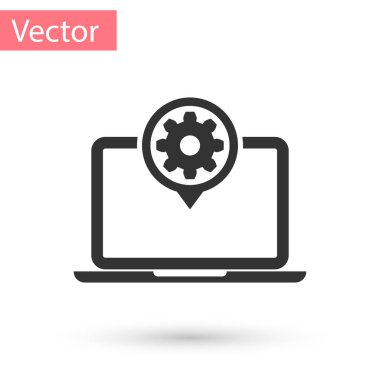 Beyaz arka plan üzerinde izole gri Laptop ve dişli simgesini tıklatın. Dizüstü bilgisayar hizmet anlayışı. Ayarlama app, ayar seçenekleri, bakım, onarım, tamir. Vektör çizim