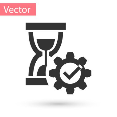 Beyaz arka plan üzerinde izole gri kum saati ve dişli simgesini tıklatın. Zaman yönetimi sembolü. Saat ve dişli simgesini tıklatın. Verimlilik sembolü. Vektör çizim