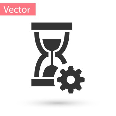 Beyaz arka plan üzerinde izole gri kum saati ve dişli simgesini tıklatın. Zaman yönetimi sembolü. Saat ve dişli simgesini tıklatın. Verimlilik sembolü. Vektör çizim