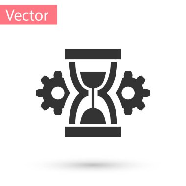 Beyaz arka plan üzerinde izole gri kum saati ve dişli simgesini tıklatın. Zaman yönetimi sembolü. Saat ve dişli simgesini tıklatın. Verimlilik sembolü. Vektör çizim