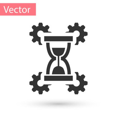 Beyaz arka plan üzerinde izole gri kum saati ve dişli simgesini tıklatın. Zaman yönetimi sembolü. Saat ve dişli simgesini tıklatın. Verimlilik sembolü. Vektör çizim