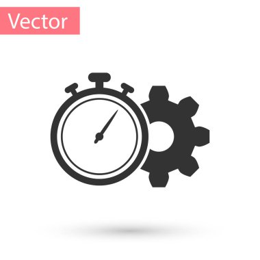 Gri Zaman Yönetimi simgesi beyaz arkaplanda izole edildi. Saat ve vites tabelası. Üretkenlik sembolü. Vektör İllüstrasyonu