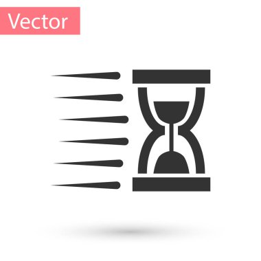 Gri eski akan kum saati simgesi beyaz arka plan üzerinde izole kum. Kum saati işareti. İş ve zaman yönetimi kavramı. Vektör çizim