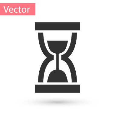 Gri eski akan kum saati simgesi beyaz arka plan üzerinde izole kum. Kum saati işareti. İş ve zaman yönetimi kavramı. Vektör çizim