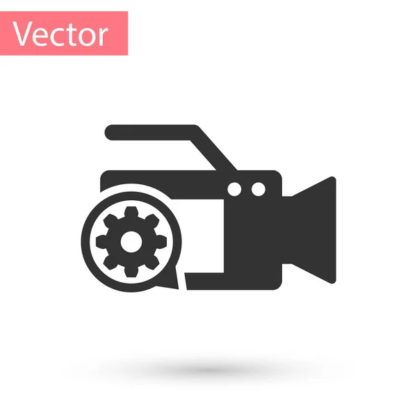 Caméra vidéo grise et icône d'engrenage isolés sur fond blanc. Réglage app, concept de service, options de réglage, entretien, réparation, réparation. Illustration vectorielle — Image vectorielle