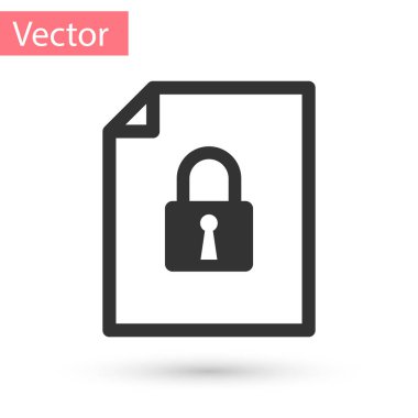 Gri Belge ve kilit simgesi beyaz arkaplanda izole edildi. Dosya biçimi ve asma kilit. Güvenlik, güvenlik, koruma kavramı. Vektör İllüstrasyonu