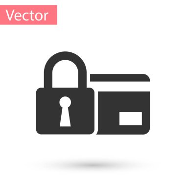 Beyaz arka plan üzerinde izole kilit simgesi ile gri kredi kartı. Banka kartı kilitli. Güvenlik, güvenlik ve koruma kavramı. Güvenli bir ödeme kavramı. Vektör çizim