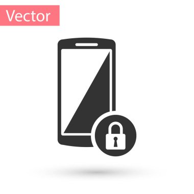 Beyaz arka plan üzerinde izole kapalı asma kilit simgesine sahip Grey Smartphone. Kilit ile telefon. Mobil güvenlik, güvenlik ve koruma kavramı. Vektör çizim