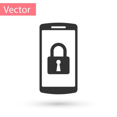 Beyaz arka plan üzerinde izole kapalı asma kilit simgesine sahip Grey Smartphone. Kilit ile telefon. Mobil güvenlik, güvenlik ve koruma kavramı. Vektör çizim