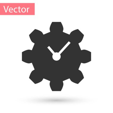 Gri Zaman Yönetimi simgesi beyaz arkaplanda izole edildi. Saat ve vites tabelası. Üretkenlik sembolü. Vektör İllüstrasyonu