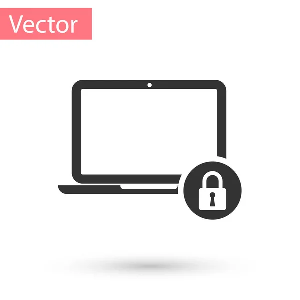 Laptop gris y bloqueo icono aislado sobre fondo blanco. Computadora y candado. Seguridad, seguridad, concepto de protección. Interred segura. Ilustración vectorial — Vector de stock