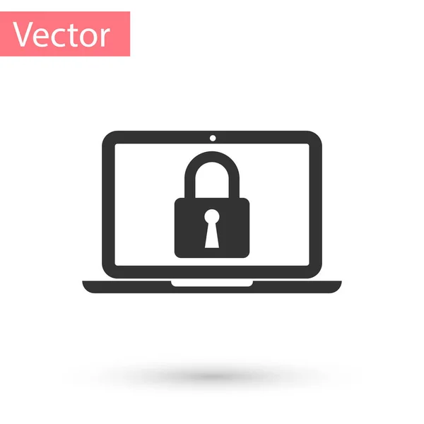 Laptop gris y bloqueo icono aislado sobre fondo blanco. Computadora y candado. Seguridad, seguridad, concepto de protección. Interred segura. Ilustración vectorial — Vector de stock