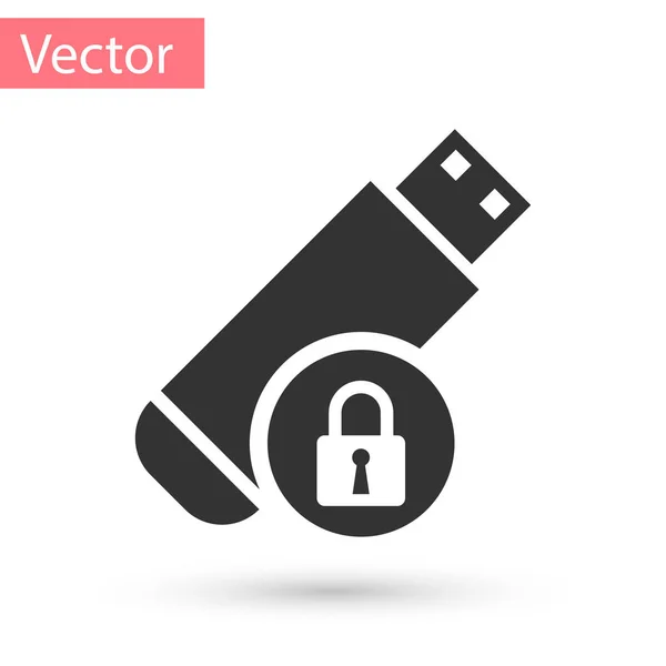 Graue USB-Stick mit geschlossenen Schloss-Symbol isoliert auf weißem Hintergrund. Sicherheit, Sicherheit, Schutzkonzept. Vektorillustration — Stockvektor