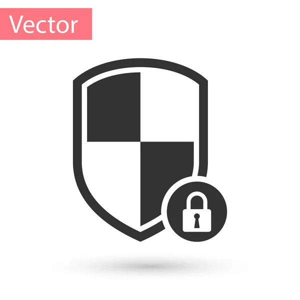 Gris Escudo de seguridad con icono de bloqueo aislado sobre fondo blanco. Protección, seguridad, seguridad con contraseña. Señal de privacidad de acceso al firewall. Ilustración vectorial — Vector de stock