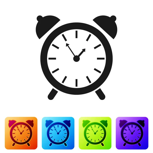 Zwarte alarm klok icoon geïsoleerd op witte achtergrond. Wake up, opstaan concept. Tijd teken. Set icoon in kleur vierkante knoppen. Vector illustratie — Stockvector