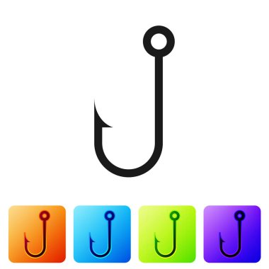 Siyah balıkçılık kanca simgesi beyaz arka planda izole. Renk kare düğmelerinde simgeyi ayarlayın. Vektör Illustration