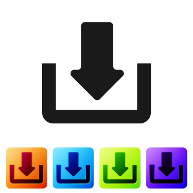 Beyaz arka planda izole siyah Indir simgesi. Yükleme düğmesi. Yükleme sembolü. Ok aşağı işaret. Renk kare düğmelerinde simgeyi ayarlayın. Vektör Illustration