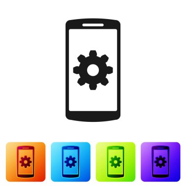 Siyah beyaz arka planda akıllı telefon ekranında simge ayarı. Cep telefonu ve vites işareti. Uygulama ayarlama, seçenekleri ayarlama, onarım, telefon kavramları sabitleme. Renk kare düğmesindeki simgeyi ayarlayın. Vektör Illustration
