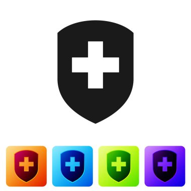 Siyah tıbbi kalkan çapraz simgesi beyaz arka planda izole. Sağlık koruma konsepti. Güvenlik rozeti simgesi. Gizlilik bayrağı. Güvenlik etiketi. Renk kare düğmelerinde simgeyi ayarlayın. Vektör Illustration