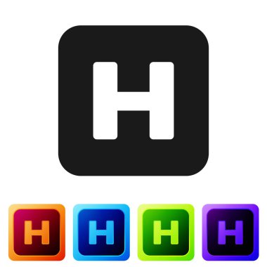 Siyah hastane işareti simgesi beyaz arka planda yalıtılmış. Renk kare düğmelerinde simgeyi ayarlayın. Vektör Illustration