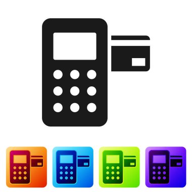 Black Pos terminal with inserted credit card icon isolated on white background. Payment terminal transaction. Set icon in color square buttons. Vector Illustration