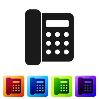 Siyah telefon simgesi beyaz arka planda yalıtılmış. Sabit telefon. Renk kare düğmelerinde simgeyi ayarlayın. Vektör Illustration