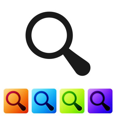 Siyah Büyüteç simgesi beyaz arka planda izole. Arama, odaklama, yakınlaştırma, iş sembolü. Renk kare düğmelerinde simgeyi ayarlayın. Vektör Illustration