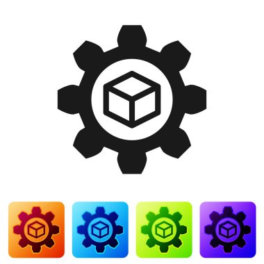 Siyah ürün geliştirme simgesi beyaz arka planda yalıtılmış. Dişli ve küp. Başlangıç koleksiyonundan ürün geliştirme sembol tasarımı. Renk kare düğmelerinde simgeyi ayarlayın. Vektör Illustration