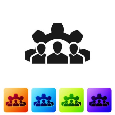 Siyah proje takım tabanı simgesi beyaz arka planda yalıtılmış. İş Analizi ve planlama, danışmanlık, takım çalışmaları, proje yönetimi. Geliştiriciler. Renk kare düğmelerinde simgeyi ayarlayın. Vektör Illustration