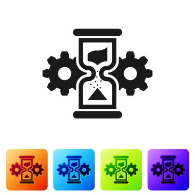 Siyah kum saati ve dişli simgesi beyaz arka planda izole. Zaman yönetimi sembolü. Saat ve vites simgesi. İş konsepti. Renk kare düğmelerinde simgeyi ayarlayın. Vektör Illustration