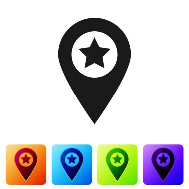 Beyaz arka planda yalıtılmış yıldız simgesiyle siyah harita işaretçisi. Yıldız favori pin Haritası simgesi. Harita işaretçileri. Renk kare düğmelerinde simgeyi ayarlayın. Vektör Illustration