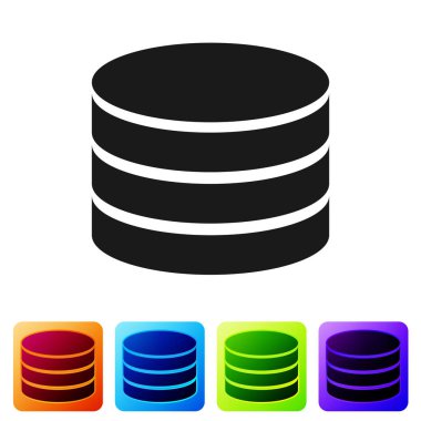 Siyah veritabanı simgesi beyaz arka planda yalıtılmış. Ağ veritabanları, ilerleme çubuğu ile disk. Yedekleme kavramı. Renk kare düğmelerinde simgeyi ayarlayın. Vektör Illustration