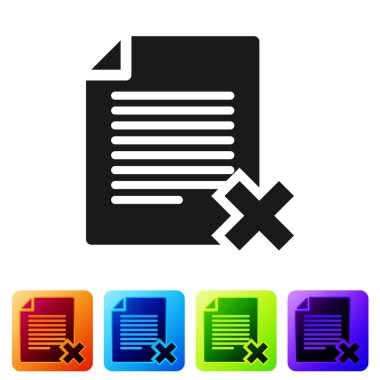 Siyah beyaz arka planda yalıtılmış dosya belge simgesini silin. Reddedilen belge simgesi. Kağıt üzerinde çapraz. Renk kare düğmelerinde simgeyi ayarlayın. Vektör Illustration