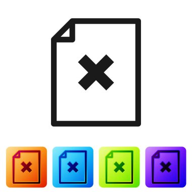 Siyah beyaz arka planda yalıtılmış dosya belge simgesini silin. Reddedilen belge simgesi. Kağıt üzerinde çapraz. Renk kare düğmelerinde simgeyi ayarlayın. Vektör Illustration