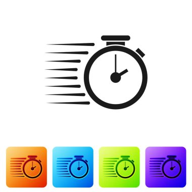 Siyah kronometre simgesi beyaz arka planda yalıtılmış. Zaman Zamanlayıcısı işareti. Renk kare düğmelerinde simgeyi ayarlayın. Vektör Illustration