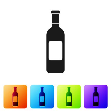 Siyah şişe şarap simgesi beyaz arka planda izole. Renk kare düğmelerinde simgeyi ayarlayın. Vektör Illustration