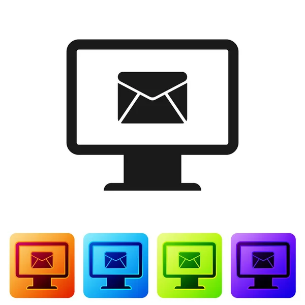 Черный монитор компьютера и конверт, новое сообщение, почта, значок электронной почты изолированы на белом фоне. Использование для рассылки электронных писем, заголовков, сообщений в блогах. Установите значок в цветной квадратной кнопке. Векторная миграция — стоковый вектор